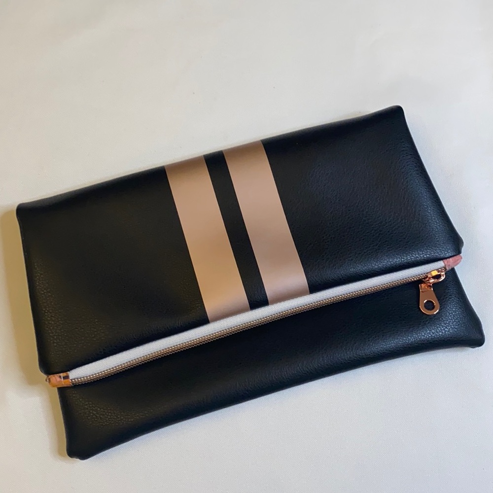 Black vegan leather clutch w/ rose gold stripe